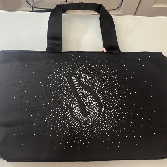 NWT Victoria's Secret Black Front Rhinestone Sparkled Lined Zip Large Tote Bag - Picture 6 of 15